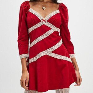 FREE PEOPLE WOMEN'S tennley corduroy lace trim mini dress red Size L NEW